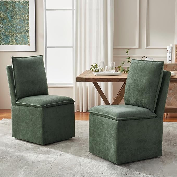 VKNOW Upholstered Dining Chairs, Modern Rolling Chairs with Storage and Wheels, Linen Armless Chair with Cushion and Backrest, Dining Room Chairs for Living Room Kitchen Bedroom, Green