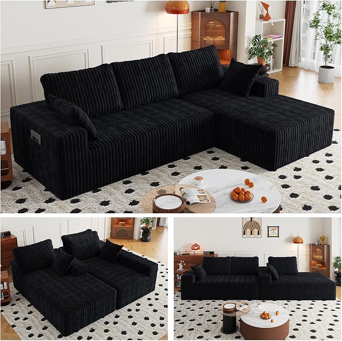 108" Sectional Couches for Living Room, Modular Sectional Sofa with L-Shape Chaise, Boneless Couch, Comfy Corduroy Fluffy Couch with Deep Seat and Side Pockets, No Assembly Required
