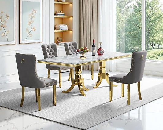 Goujxcy Faux Marble Dining Table Set for 4, Modern 5-Piece Dining Table Set with 4 Velvet Upholstered Chairs, 70" Large Long Faux Marble Kitchen Dining Room Table and Chairs with Stainless Steel Legs