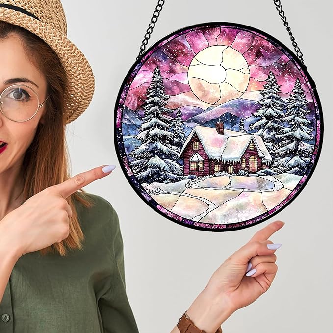 Stained Glass Window Hanging - Winter Snow Scene Cabin Moon Sun Catcher for Door Garden Home Decor Pine Tree Suncatcher Christmas Mother's Day Birthday Gifts for Women Men Mom Nana 11.8 in