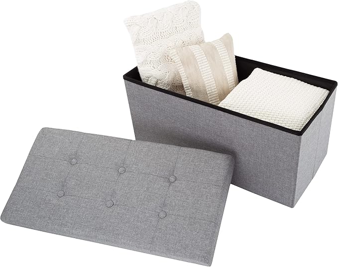 Folding Storage Ottoman - 30-Inch Tufted Footrest, Linen Chest, or Bench with Removable Bin for Living Room, Bedroom, or Dorm by Lavish Home (Gray)