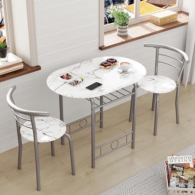 JUMMICO 3-Piece Wooden Round Table & Chair Set, Space Saving Kitchen Breakfast Nook Wood Grain Tabletop with Metal Frame and Built-in Wine Rack for Kitchen, Dining Room (White/Silver)