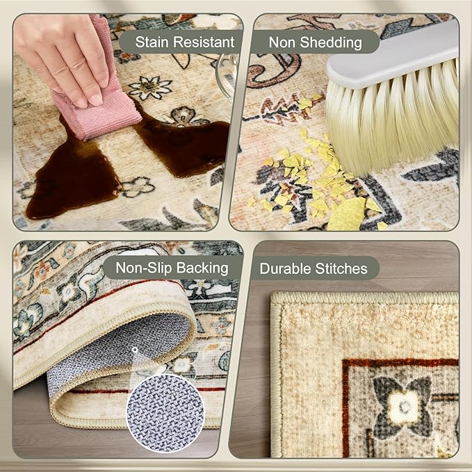 Area Rugs for Living Room 10x14 - Extra Large Machine Washable Vintage Oriental Soft Rug, Low Pile Thin Carpet with Non Slip Backing for Bedroom, Dorm, Dining Room, Indoor House, Office