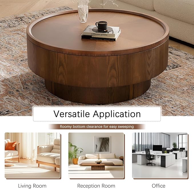 Round Coffee Table with Storage 30.7'' Modern Luxury Circle Drum Coffee Tables Farmhouse Rustic Wood Coffee Table Circle Pedestal Center Table for Living Room Apartment (Brown)