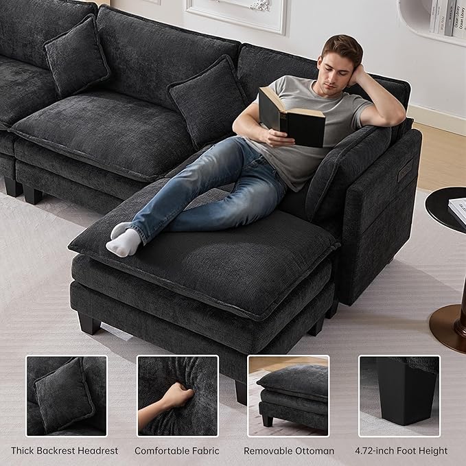 108" Modern L-Shaped Sectional Sofa with USB & Type-c Port Charger, Modular Cloud Couch, Deep Seating Chenille Fabric 4-Seater with Ottoman and Pillows for Living Room (Black)