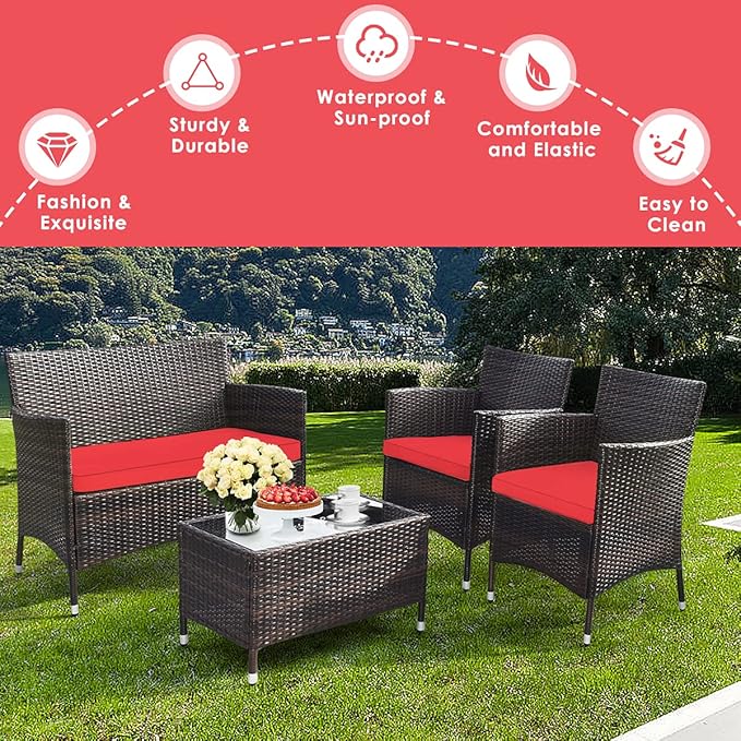 Goplus 4-Piece Rattan Patio Set, Outdoor/Indoor Wicker Conversation Set for Pool, Backyard, Lawn, Wicker Chairs and Sofa with Soft Cushion, Rattan Furniture with Tempered Glass Coffee Table