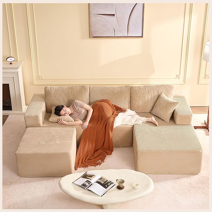 107" Boneless Couch with Deep Seat, Modular Sectional Sofa, Cloud Sectional Couch for Living Room, No Assembly Required, Corduroy, U-Shape 3 Seater Right, Camel