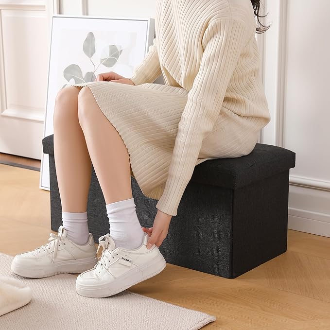 CUYOCA Storage Ottoman Bench Foldable Seat Footrest Shoe Bench End of Bed Storage with Flipping Lid, 75L Storage Space, 30 inches Linen Fabric Black