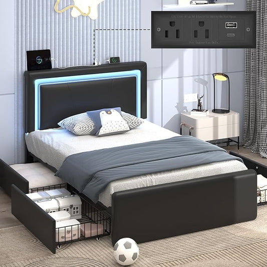 Twin Size Bed Frame with 4 Storage Drawers and LED Lights, Upholstered Platform Bed with Adjustable Headboard and Charging Station, Metal Slats Support, No Box Spring Needed,Easy Assembly, Black
