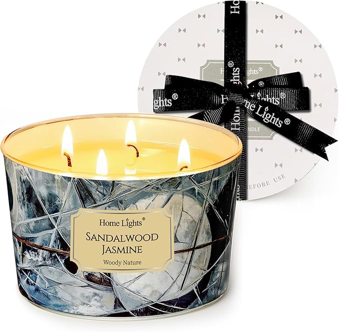 HomeLights Soy Wax Candles for Home Scented, 4-Wick Candles in Sandalwood Jasmine Scented, Industrial Chic Aromatherapy Candles Gift for Parties, Relaxing, 18oz