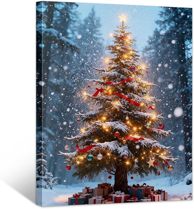 Framed Christmas Pictures Wall Decor,Vintage Pine Tree Prints,Winter Christmas Canvas Wall Art Decoration for Bedroom Bathroom Living Room Rustic Xmas Holiday Gifts (Christmas Tree 16, 11'' X 14'')