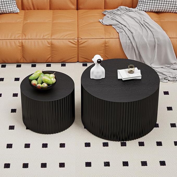 Round Nesting Coffee Table Set of 2, Round Fluted Coffee Tables for Living Room Modern Nesting End Side Tables for Small Spaces (D Black)