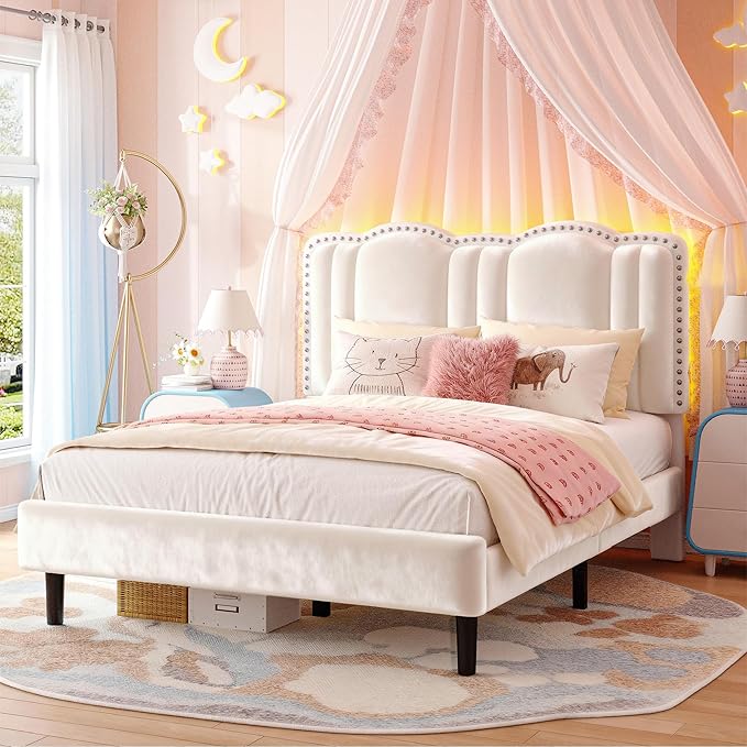 EnHomee Full Size Bed Frame with LED and Velvet Upholstered Headboard, Platform Bed Frame with Height Adjustable Headboard, No Box Spring Needed,Easy Assembly,Cream