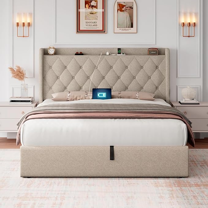iPormis Full Size Lift Up Storage Bed Frame with Charging Station, Upholstered Platform Bed Frame with Tufted Headboard, Hydraulic Storage, No Box Spring Needed, Noise-Free, Easy Assembly, Beige