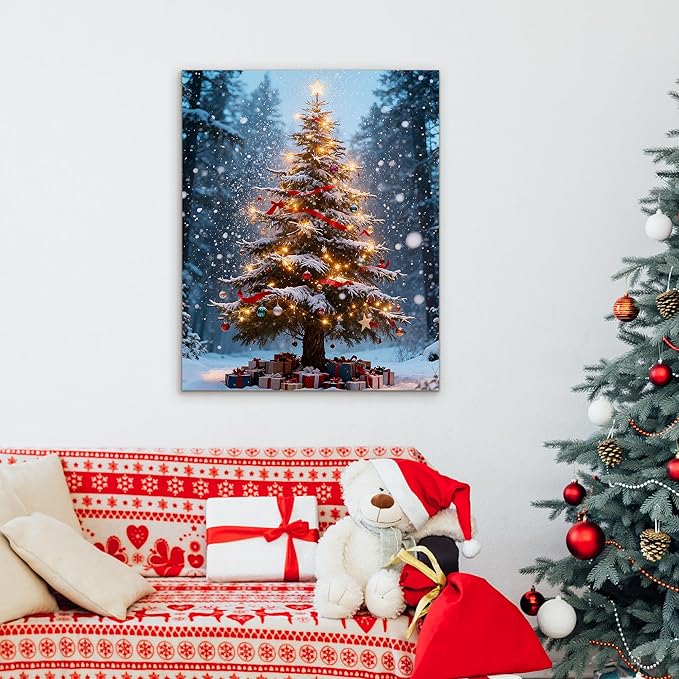 Framed Christmas Pictures Wall Decor,Vintage Pine Tree Prints,Winter Christmas Canvas Wall Art Decoration for Bedroom Bathroom Living Room Rustic Xmas Holiday Gifts (Christmas Tree 16, 12'' X 16'')