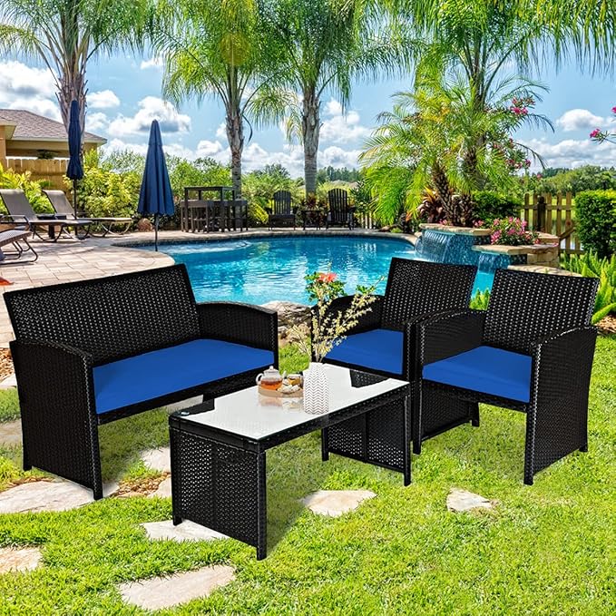 Tangkula 4 Pieces Patio Wicker Conversation Furniture Set, Patiojoy Sofa & Table Set w/4 Seats, Outdoor Rattan Sofa Set for Balcony Backyard, Wicker Chair Set with Tempered Glass Coffee Table