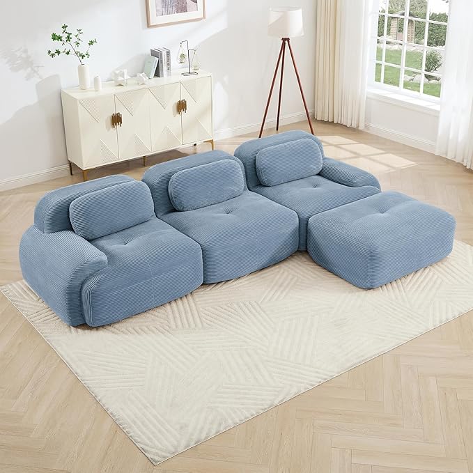 Blue Ottoman for Modular Sectional Sofa, Corduroy Deep Seat for Oversized Compressed Boneless Sectional Couches for Living Room Bedroom Apartment, Cloud Sofa Couch Set, Memory Foam, No Assembly