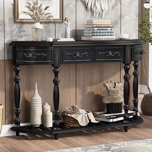 HMFULE Retro Curved Console Table, 52" Solid Wood Half Moon Console Table Sofa Table with 4 Drawers 1 Open Shelf for Living Room,Entryway,Hallway,Black