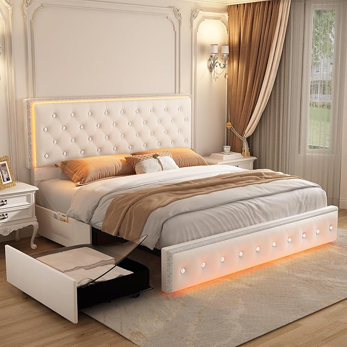 Full LED Bed Frame with 2 Drawers, Storage Platform Beds with Upholstered Crystal Button Tufted Headboard Footboard, 2 Side Pockets, No Box Spring Needed, Velvet Cream