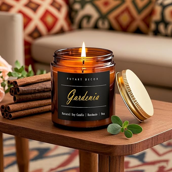 Gardenia Scented Candles for Home, 9oz Natural Soy Wax Aromatherapy Organic Santal Candle for Stress Relief, Long Burning & Lasting Jar Candle Gifts for Birthday, Housewarmings, Thanksgiving