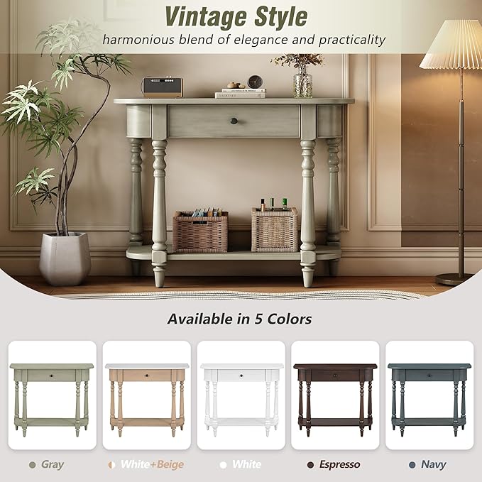 HMFULE Retro Curved Console Table, 36" Solid Wood Half Moon Console Table Sofa Table Entryway Table with 1 Drawer 1 Open Shelf Roman Legs Curved Corners for Living Room,Entryway,Hallway,Gray