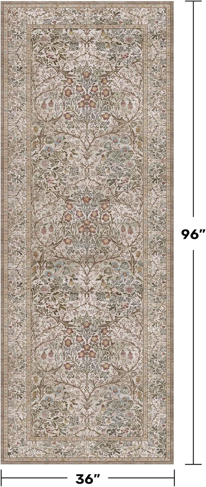 Moss Green 3x8 Oriental Runner Rugs for Hallway, Kitchen, Entryway Indoor - Non-Slip & Low Pile, Geometric Floral Stain Resistant Carpet, Vintage Neutral Home Décor