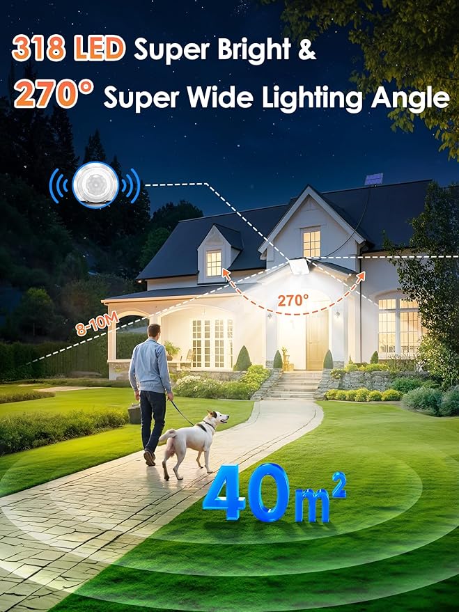 PIKOY Solar Lights Outdoor [318LED/10M/5 Modes] Security Lights Outdoor, Remote Control, IP65 Waterproof for Yard,Porch,Shed,Garage