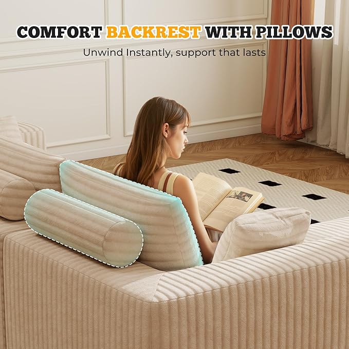 113" Modular Sectional Sofa, Convertible L-Shaped Cloud Couches for Living Room with Ottoman, 4 Seater Corduroy Boneless Couch Sofa Set, No Assembly Required, Khaki 1 PCS