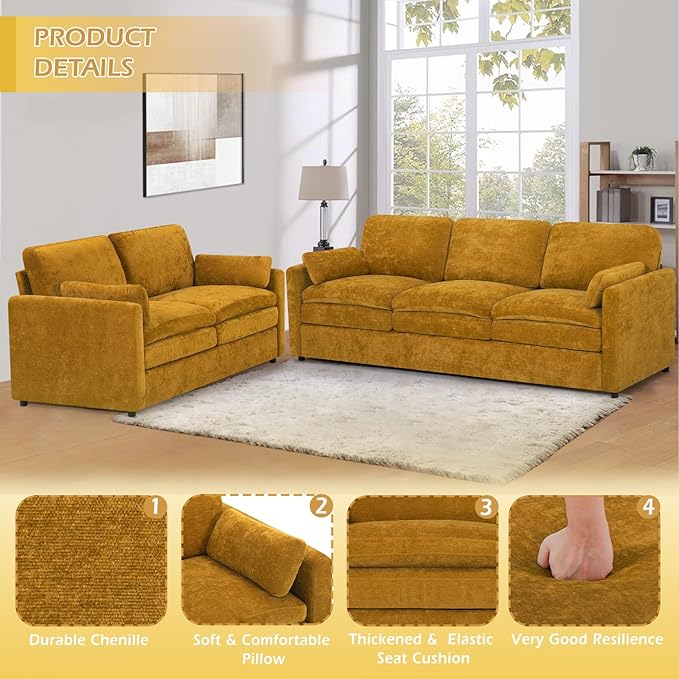 2 Pieces Chenille Sofa Set w/Throw Pillows, Upholstered Loveseat & 3 Seater Sofa w/Comfortable Back Cushions, Modern 2-Seat & 3-Seat w/High-Density Foam for Living Room, Apartment, Yellow