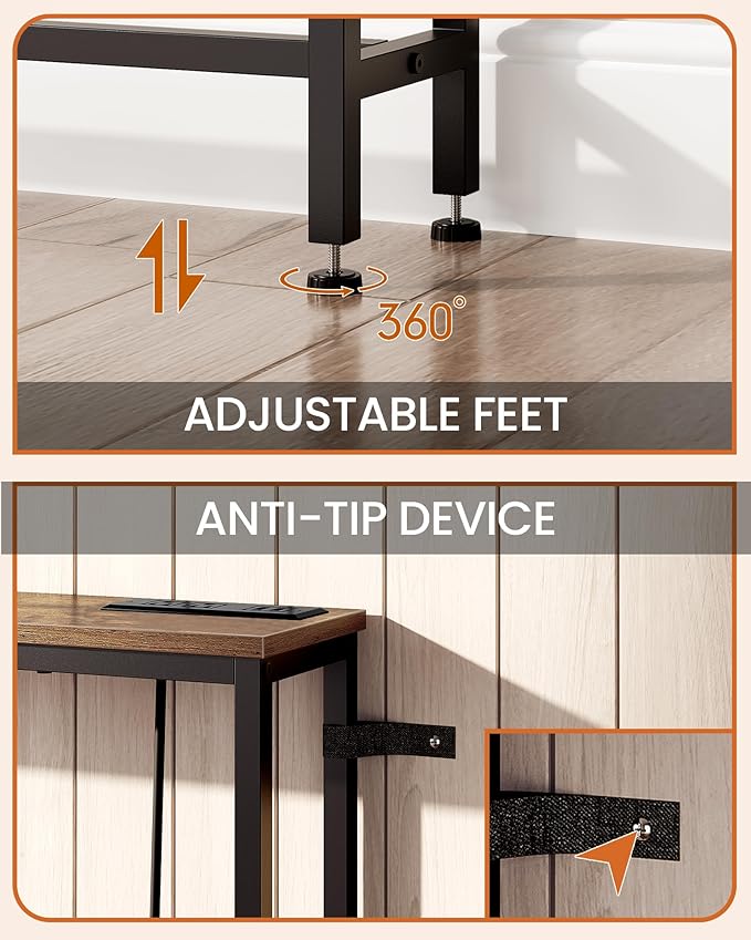 70.9" Narrow Console Table with Power Outlet 7.1" Skinny Sofa Table, Long Behind Couch with Charging Station for Hallway, Living Room Rustic Brown and Black TXG18UBF