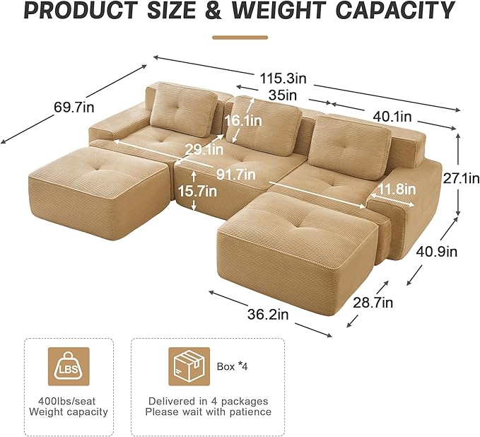 115" Modern Compressed Boneless Couch with Ottoman, 3 Seater Large U Shaped Sectional Couches for Living Room, Camel Corduroy Cloud Modular Sectional Sofa, Memory Foam, Extra Deep, No Assembly