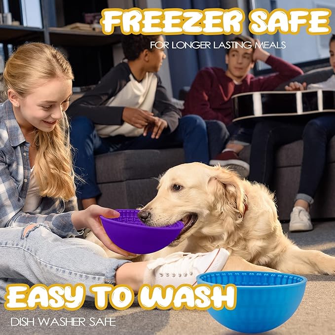 Patelai 2 Pcs Dog Enrichment Lick Bowls Silicone Freeze Bowls Interactive Cat Licking Mats Slow Feeders for Pet Oral Health Boredom Anxiety Relief, Wobble or Stay Put(Blue, Purple,Bone)
