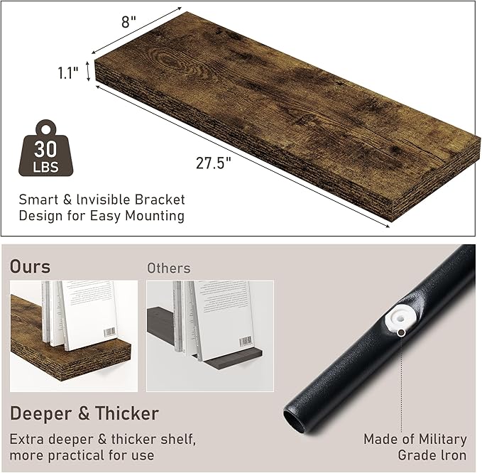 Floating Shelves for Wall, 28 Inch Floating Shelves Set of 2, Wall Mounted Rustic Wood Shelf for Bathroom, Living Room, Bedroom and Kitchen, Hanging Shelf for Storage, Books, Home Decor, Rustic Brown