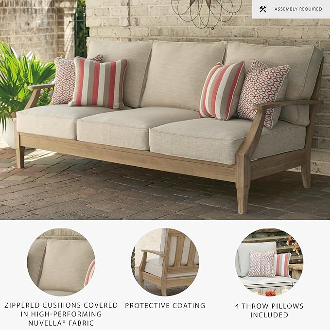 Signature Design by Ashley Clare View Outdoor Patio Sofa, 4 Throw Pillows, Nuvella Weather Resistant Fabric, Eucalyptus Wood, 81" W x 35" D x 32" H, Beige