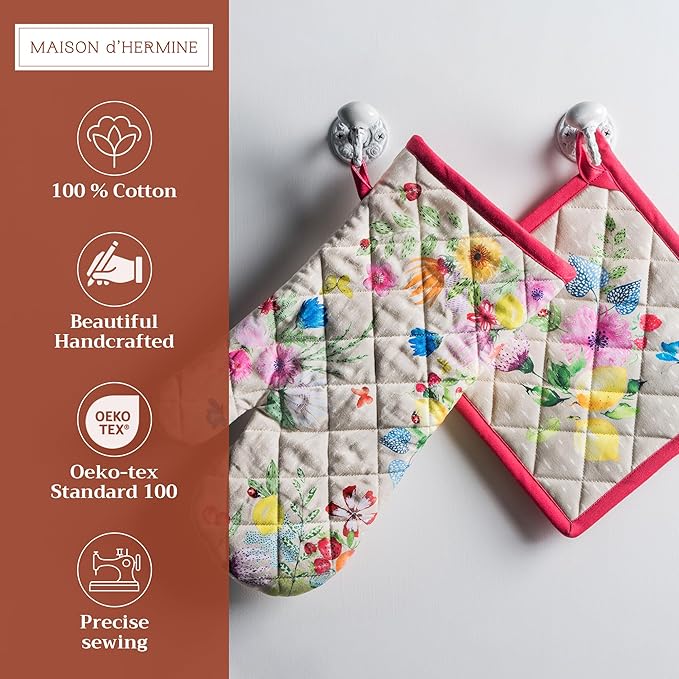 Maison d' Hermine 100% Cotton Oven Mitt & Pot Holder Set (7.5"x13" & 8"x8") Heat Resistant BBQ Cooking Gloves with Loop, Baking, Grilling, Kitchen, Handling Hot Pans Spring/Summer (Jardin D'Ete - Fog)