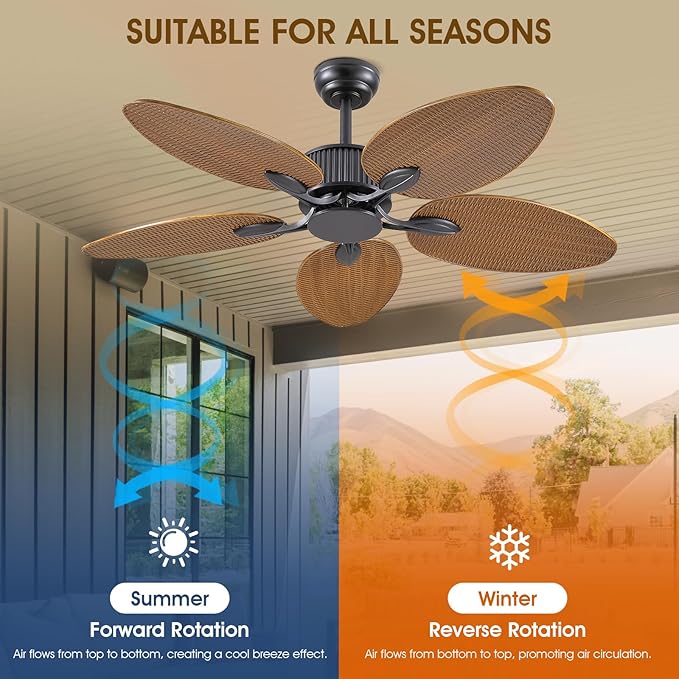 50 Inch Tropical Ceiling Fan no Light, Outdoor Waterproof Palm Leaf Ceiling Fans for Patios Porches, Remote +APP Control, Wet Rated, 6 Speeds, Quiet, Wood Grain