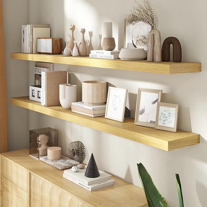 72 Inch Floating Shelves for Wall, 8 Inch Deep Floating Shelf for Storage & Display, Rustic Wall Mounted Shelf with Invisible Brackets for Living Room, Kitchen, Bathroom, Home Decor, Set of 2, Oak