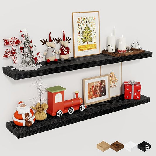Fun Memories Floating Shelves for Wall, 40 Inch Floating Shelves for Home Decor, Wall Mounted Rustic Wood Shelves, Bathroom, Hanging Deep Shelf for Bedroom, Living Room, Kitchen (Black, Set of 2)