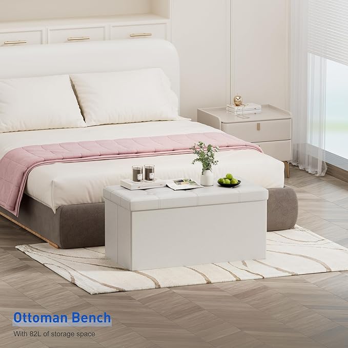 BRIAN & DANY 30 Inches Storage Ottoman Bench, Faux Leather Ottoman with Storage, Folding Bench Shoe, Foot Rest Stool, for Living Room, White