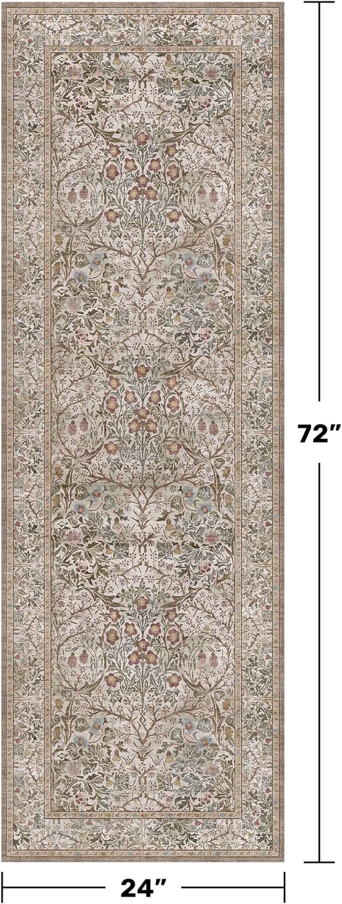 Non Slip 2x6 Moss Green Bathroom Runner Rug - Small Runner Rugs, Washable Kitchen Floor Mat, Bedroom, Hallway Runner - Vintage Oriental Taupe Brown Décor
