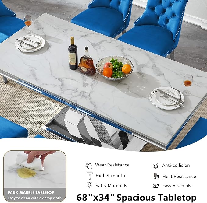 Modern White Marble Dining Table Set for 4,5-Piece Kitchen Table and Chairs for 4,Luxury Silver Dining Room Table Set w/68" Rectangle Dinner Table & 4 Black Velvet Chairs for Kitchen Dining Room