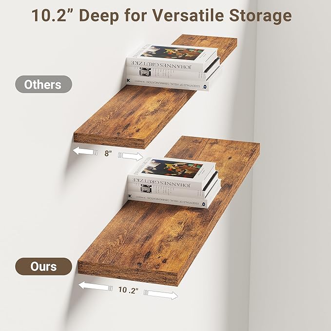 Vivelove 10 Inch Deep Floating Shelves 30 inch Long, 30 x 10 Wide Wall Shelves with Invisible Brackets, for Bedroom Bathroom Living Room Kitchen Office, Farmhouse Home Decor, Set of 2, Rustic Brown