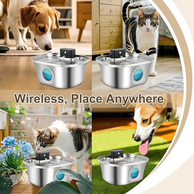 Wireless Cat Water Fountain Stainless Steel, 3.2L Large Dogs Drinking Dispenser Fountain with Spout, Automatic Feeder Indoor, Cordless Water Bowl for Cats Dogs Pets Auto Animals Waterfountain - 108oz