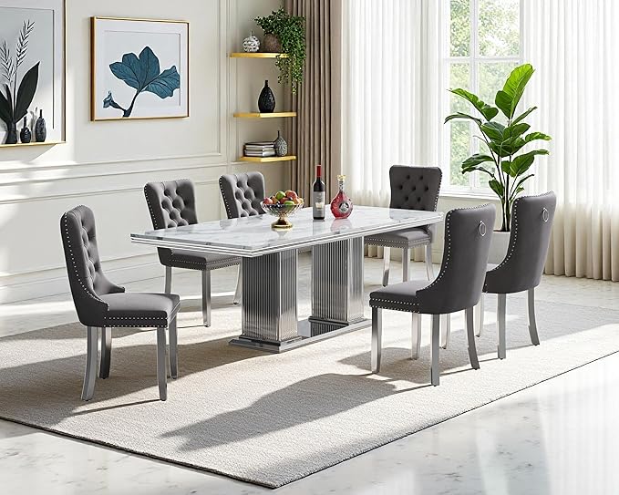 68" Faux Marble Dining Table Set for 6, 7-Piece Dining Set with White Silver Kitchen Table and 6 Velvet Tufted Chairs, Modern Rectangular Dining Room Tables with Column-Shape Stainless Steel Base