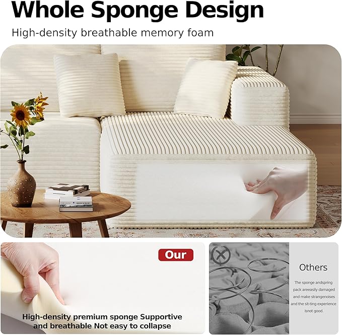 108'' Modular Sectional L-Shaped with Chair,Deep Seat Boneless Corner Couch for Living Room,Plush Corduroy Couch with Detachable Sofa Set,No Assembly(Right Facing Chaise，Beige)