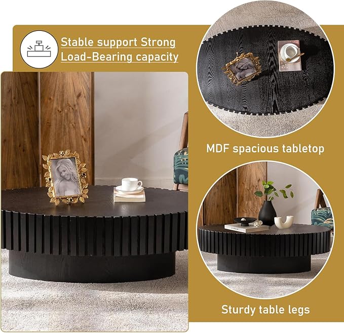 Oval Drum Coffee Table 43.3" Wooden Coffee Tables Handcrafted Fluted Drum Coffee Table Mid Century Modern Luxury Center Table Vintage Farmhouse Center Table for Living Room (Oval Black)