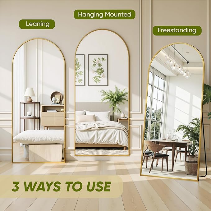 Full Length Mirror, 64"x21" Arched Full Body Mirror, Floor Mirrors with Stand, Standing Hanging Leaning Against Wall,Aluminum Frame Mirrors for Bedroom Cloakroom,Living Room,Gold