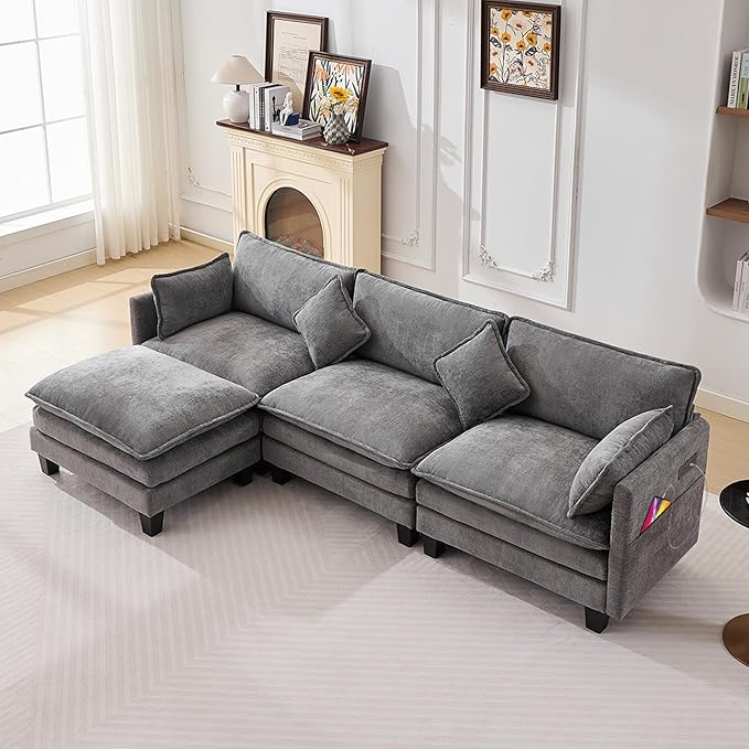 108" Modern L-Shaped Sectional Sofa with USB & Type-c Port Charger, Modular Cloud Couch, Deep Seating Chenille Fabric 4-Seater with Ottoman and Pillows for Living Room (Grey)