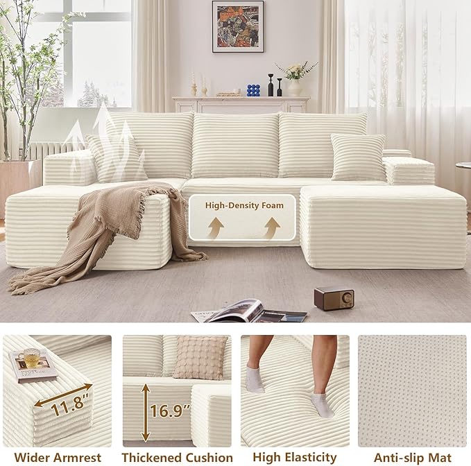 107" L-Shape Sofa with Ottoman, Modern Modular Sectional Comfy U-Shape Cloud Couch, Deep Seat, Upholstered Corduroy Sleeper Chaise Longue for Living Room Bedroom, No Assembly Required, White