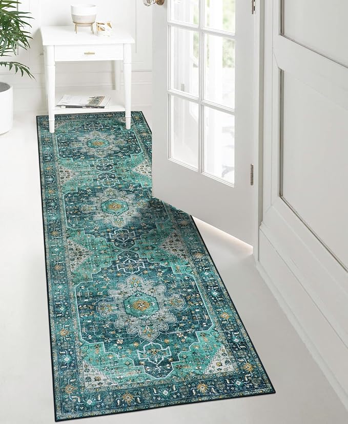 Moynesa Ultra-Thin Washable Vintage Runner Rug - 2'6"x8 Boho Hallway Kitchen Runner Oriental Medallion Bedside Mat Non-Slip Non-Shedding Indoor Throw Carpet for Laundry Entrance, Teal/Mutil